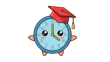 A cartoon clock wearing a graduation cap, symbolizing time for education
