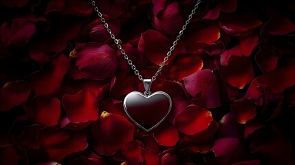 Silver heart, rose petals.