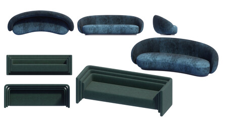 3D render of a modern minimalist sofa on a transparent background