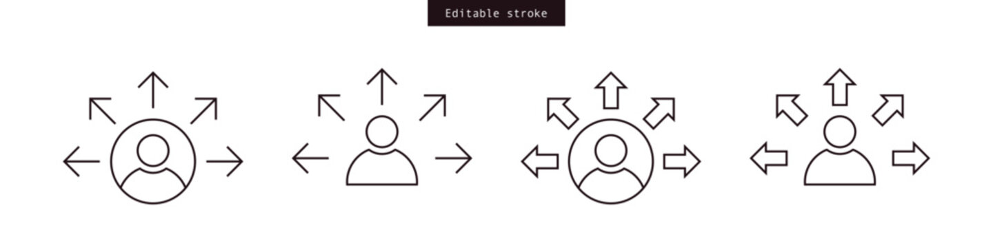 Opportunities icon with user and extend arrows icon symbol. Opportunity icon Human ways sign. Line, Outline, Editable Stroke