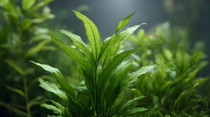 Fototapeta premium Detailed close up of lush green aquatic plants with intricate leaf veins swaying gently underwater in a serene softly lit aquarium