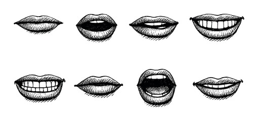 Hand-drawn lips expressions: detailed sketches of various mouth movements