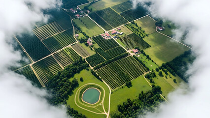 Aerial view of green agricultural fields and farm buildings with clouds agriculture