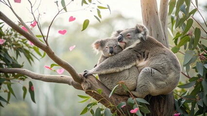 Fototapeta premium A mother koala and her joey snuggled up together in a tree surrounded by lush greenery and pink flowers.