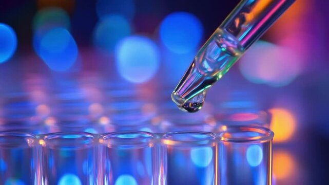 Close-up of a pipette dripping a liquid into a test tube, science and research concept