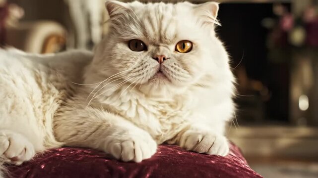 Serene Persian cat with flat face and expressive eyes, calm and noble, soft natural light, creamy white and golden hues, cozy indoor background, relaxation and elegance