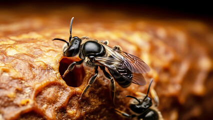 Close up of a black bee on a honeycomb with another bee in background insect hive
