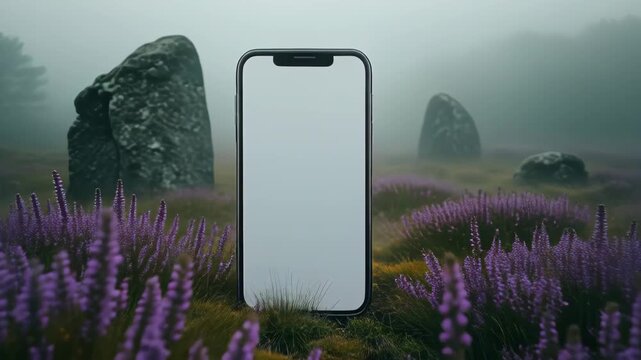Smartphone Mockup on Purple Flower Field with Fog and Ancient Stones