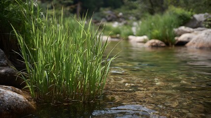 Fototapeta premium Lush green grass grows in the clear shallow water of a serene mountain stream illuminated by bright sunlight