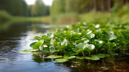 Naklejka premium Lush green aquatic plants float serenely on the surface of a calm reflective body of water in a natural setting