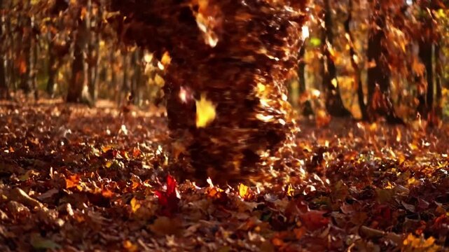 Ground Swirl Low angle, close-up perspective of a concentrated cluster of fallen leaves forming a miniature whirlwind, rapidly spinning and dancing on the forest floor.