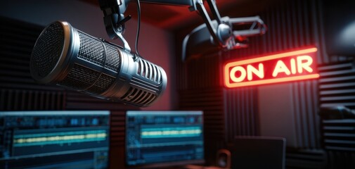 The Microphone in a Professional Podcasting and Radio Broadcast Studio with On Air Sign