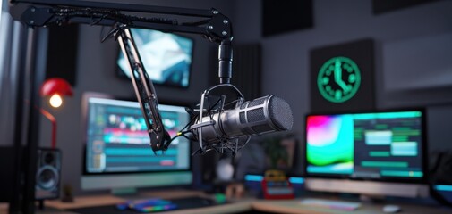 The microphone in a modern podcast studio with colorful monitors and pro equipment