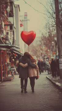  a young couple in love walks down a city street, holding hands and embracing each other. they are surrounded by a red heart-shaped balloon, symbolizing the romantic mood of valentine's day