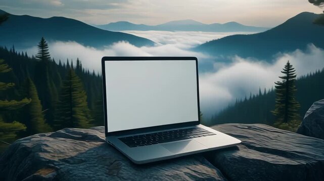 Laptop On Rocky Surface With Mountainous Landscape Background At