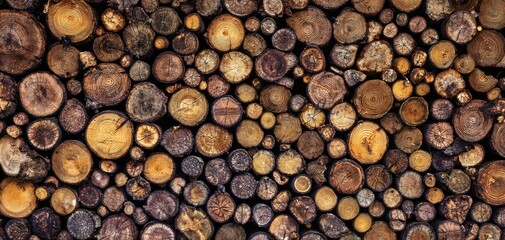 The Logs Patterned Cross-Sections of Cut Tree Trunks Neatly Stacked for Texture