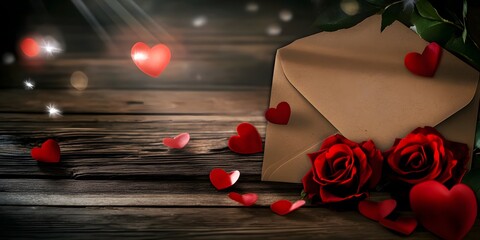 Red hearts, petals, envelope.