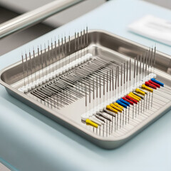 Organized dental instruments in metal tray