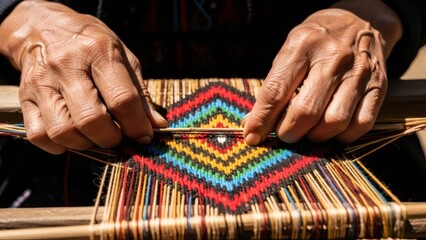 Hand of a woman weaving colorful fabric on a loom. Traditional handmade textile production process. Craftsmanship and cultural heritage concept.