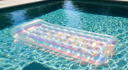Iridescent inflatable raft floats on bright blue swimming pool water under sunlight