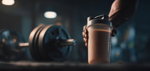 The shaker bottle with protein shake beside weight plates in dimly lit gym