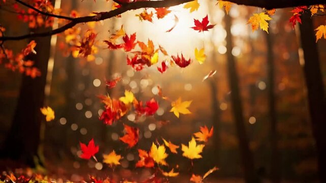 Gust of wind scattering a vibrant swirl of leaves Wide shot, dynamic, ground-level perspective