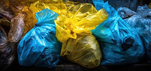 The garbage bags piled in colorful plastic sacks along a dim urban alley