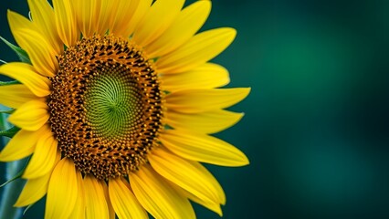 Obraz premium Vibrant close up of a yellow sunflower with detailed center and dark green background