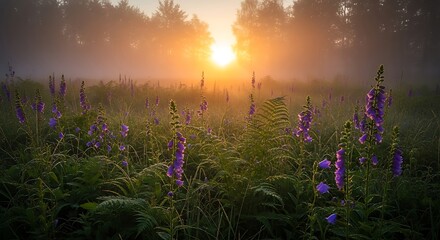 Dense purple wildflowers bloom amidst tall grasses in a sunlit, foggy meadow at dawn