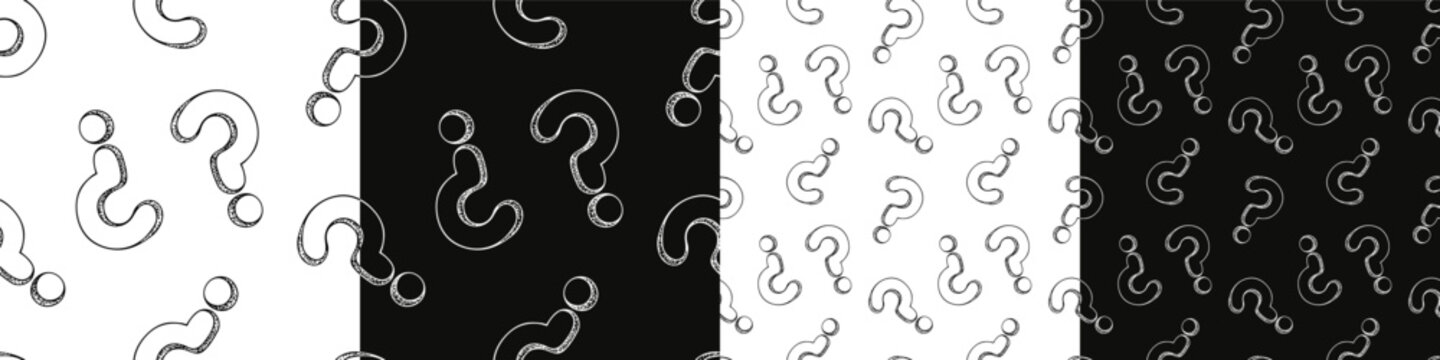 Black and white question mark sketch illustration seamless pattern set. Abstract background collection. Quiz, game, customer service, presentation, conversation concept