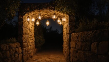 Enchanting Stone Archway Illuminated by Hanging Lanterns at Night.