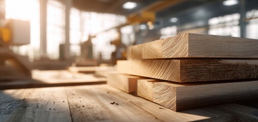 The Wooden Planks Stacked on a Rustic Workshop Table Bathed in Warm Sunlight