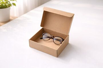 Eyeglasses in the Box: An elegant pair of eyeglasses rests inside an open cardboard box, poised against the backdrop of a bright setting, with a touch of greenery.