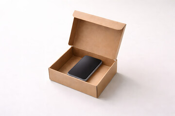 Product Unboxing: A sleek mobile phone rests nestled in an open, eco-friendly box, exuding minimalist elegance and anticipation.