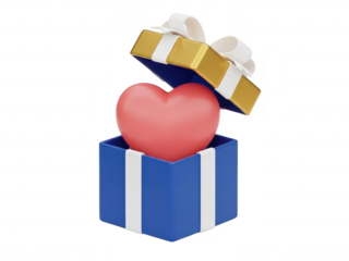 Blue gift box with white stripes and gold lid revealing red heart on transparent background
