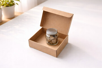 Saving and Storage: A mason jar filled with savings is thoughtfully placed within a cardboard box, symbolizing smart financial choices and secure storage. 