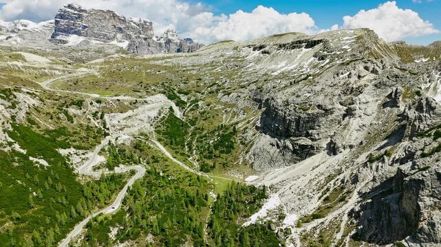 Aerial drone view of National park Tre Cime di Lavaredo. Dolomiti alps, Tyrol, Italy