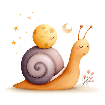 Whimsical snail with sleepy moon shell and stars in dreamy night scene on white background