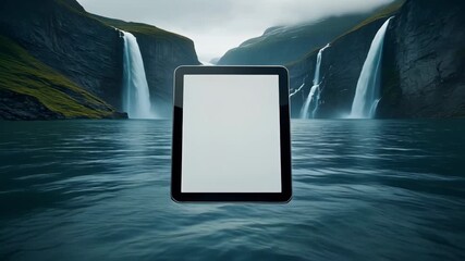 Black Tablet Device Displayed Against Waterfalls and Lake Scene