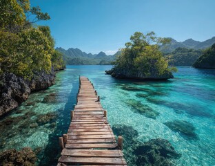 Fototapeta premium Wooden dock extends into clear turquoise water amidst lush green islands and mountains under a blue sky