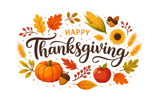 Happy Thanksgiving decorative elements with autumn harvest and fall foliage