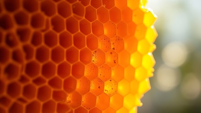 apiary. A cross-section of a honeycomb filled with golden honey, showing hexagonal pattern. wildlife magazines, conservation campaigns, designed for nature documentaries and education.