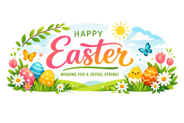 Happy Easter greeting with colorful eggs, chicks, butterflies, and spring flowers