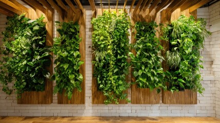 A vibrant vertical garden displays a variety of green plants growing on wooden panels in a contemporary indoor environment. This living wall adds natural beauty and promotes a calming atmosphere.