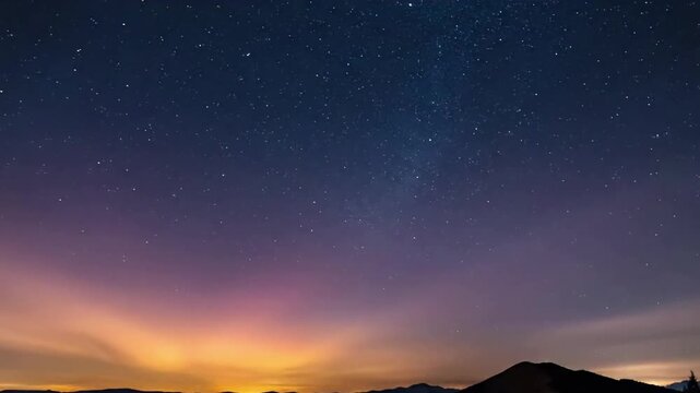 Atmospheric Haze Gradient A cinematic long shot of the night sky where a gentle haze or high-altitude clouds diffuse and amplify the warm, ethereal glow of urban skyglow, creating a soft, dreamy