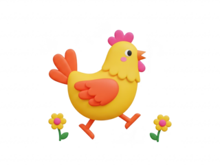 A cheerful cartoon chicken walking with flowers isolated on transparent background