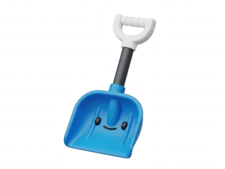 Blue plastic toy shovel with a smiling face on a transparent background