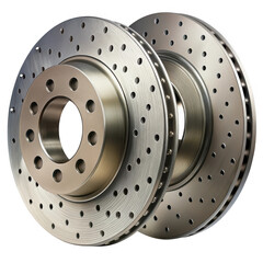 Pair of perforated high performance car brake discs isolated on transparent background