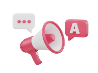 A 3d pink and white megaphone with chat bubbles isolated on transparent background