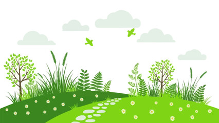 Obraz premium Green Grassy Hill with Trees and Butterflies.